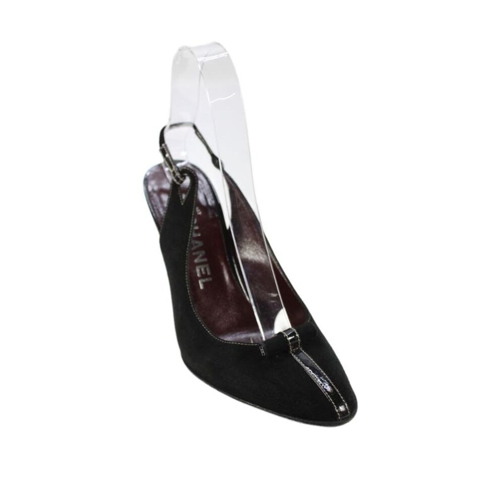 Chanel Womens Suede Bow Slingback High Heels Black Size 6.5
